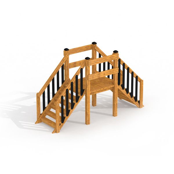 Wooden playground structure Trap rock with stairs and railings.