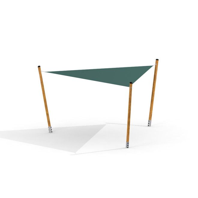 Sun Shade Triangle 5x5x5 Pioneer with wooden posts and green triangular canopy for playground shade
