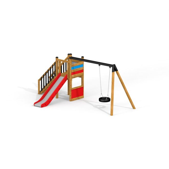 Playground Tower w/ Slide & Single Swing Arm with red slide and black tire swing on wooden frame.