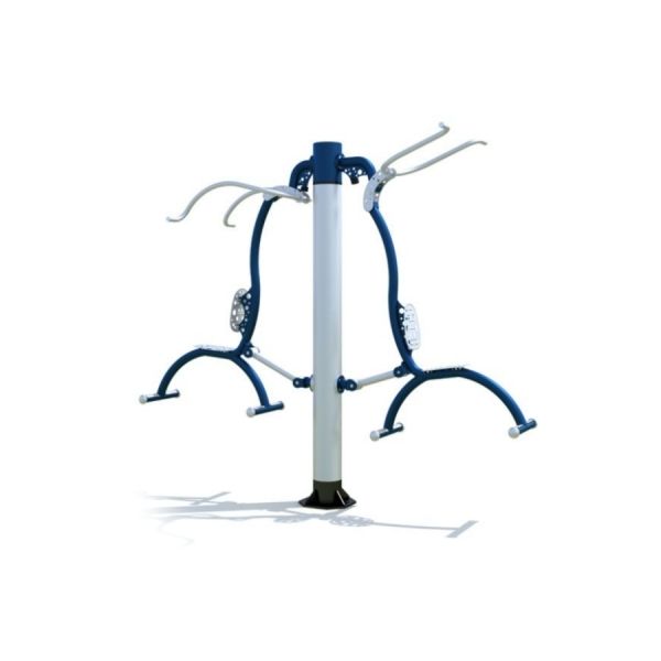 Outdoor exercise equipment Set 1 with dual stations for back and shoulder workouts.