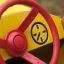 Close-up of the Taxi toy car steering wheel and dashboard.