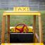 Wooden Taxi outdoor playground equipment with steering wheel.