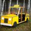 Wooden yellow Taxi playground equipment in a park.