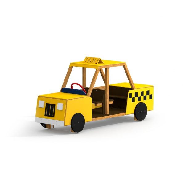 Yellow wooden Taxi-themed playground structure.