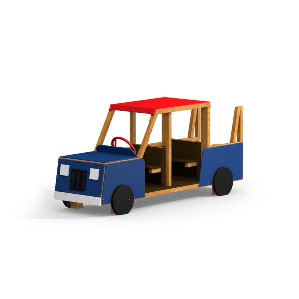 Wooden play Truck with blue exterior and red roof.