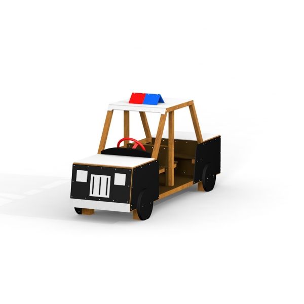 Wooden playground police car with red and blue lights.