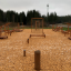 Outdoor wooden balance playground equipment in a forest area.