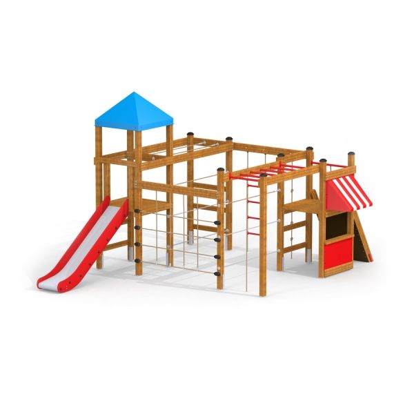 Playground structure Gorilla with a slide, climbing frames, and a playhouse.