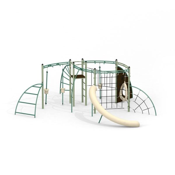 Sirius steel structure playground equipment with slide and climbing nets.