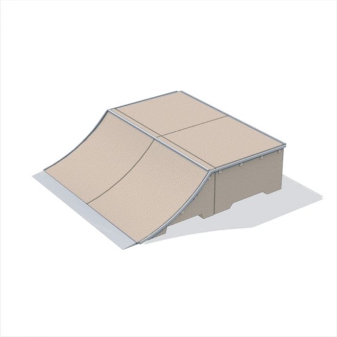 Double Quarter-Pipe skate ramp with smooth wooden surface.