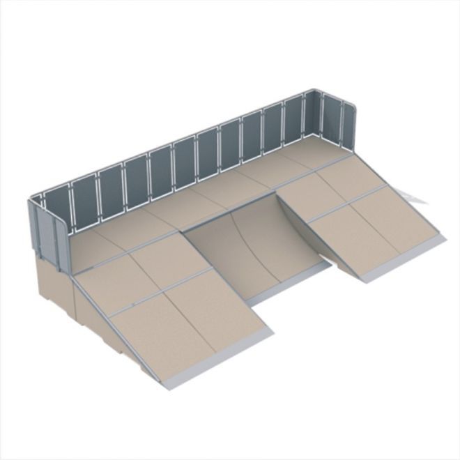 Quarter 5 modular skate ramp with dual ramps and a central platform