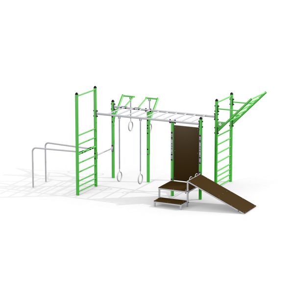 Playground New Age Fit MEDIUM with climbing frames, monkey bars, slides, and gymnastic rings.