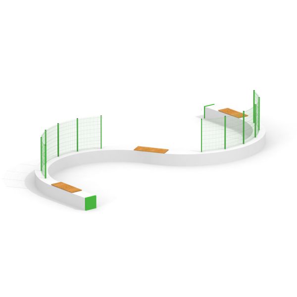 Outdoor Multiarena for sports activities with green fences and wooden benches.