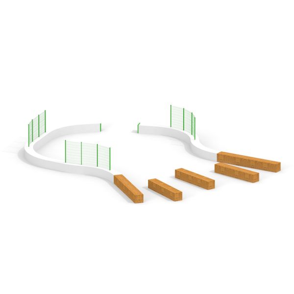 Multiarena with wooden obstacles and green fencing.