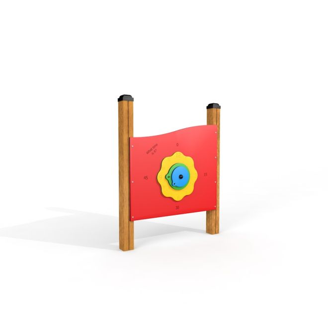 Clock play panel with red background and wooden frame