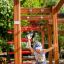 Activity Center wooden playhouse with child playing on climbing frame