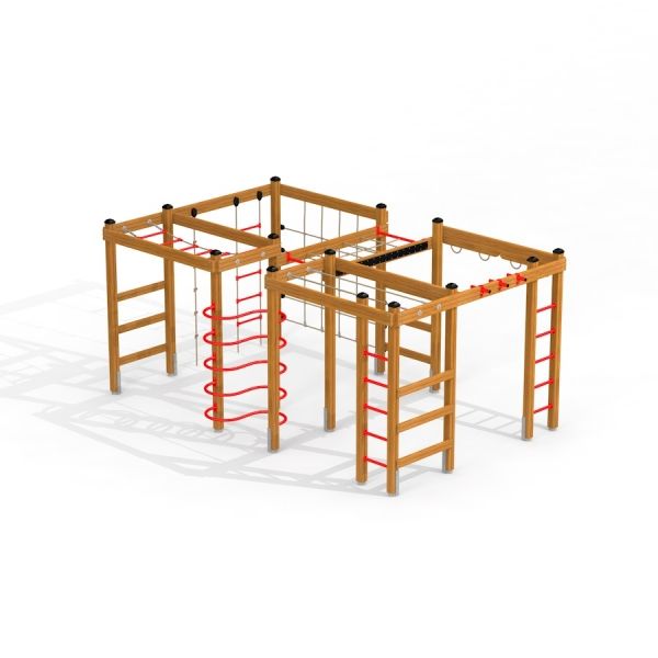 Activity Center wooden playhouse with climbing ladders and monkey bars