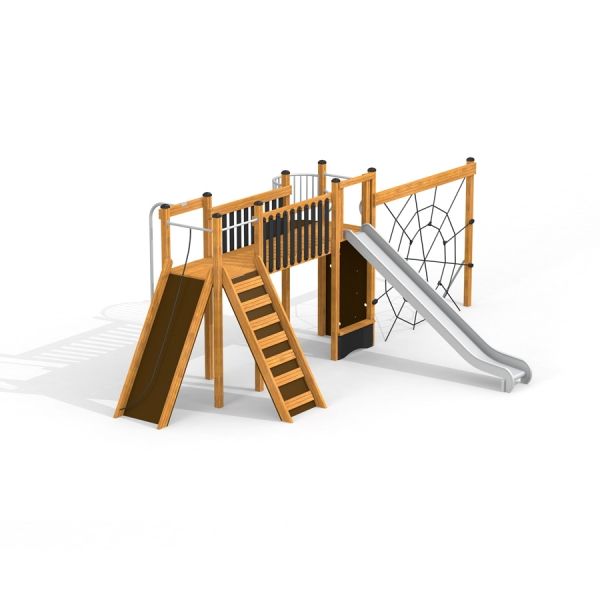 Spiderman playground set with slide, climbing net, and stairs for kids.