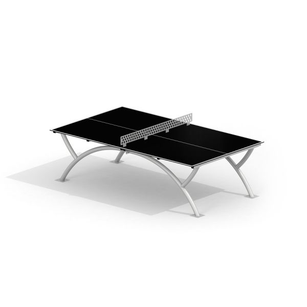 Outdoor Table Tennis with sleek black surface and curved metal legs.