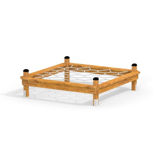 Wooden playground structure named Honeycomb with net climbing platform.