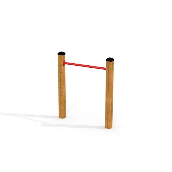 Outdoor fitness equipment Somersault Single with wooden posts and a red bar.