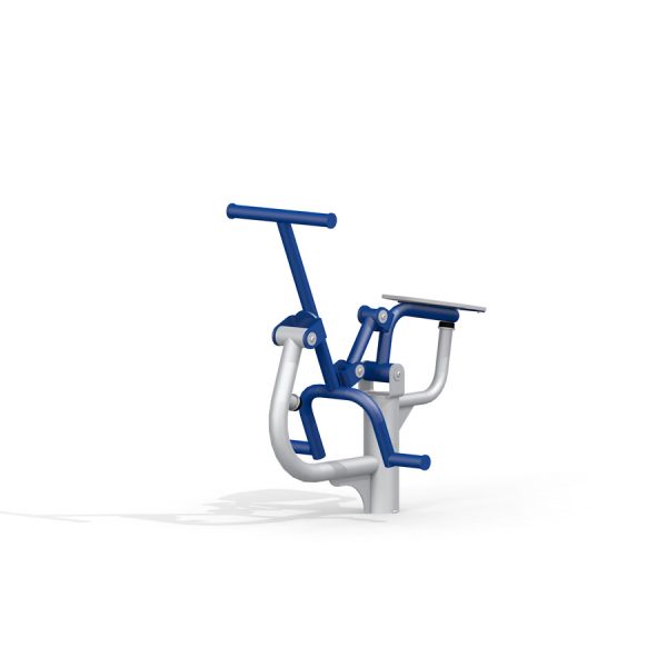 Outdoor fitness equipment Rider with blue and white frame for exercise.