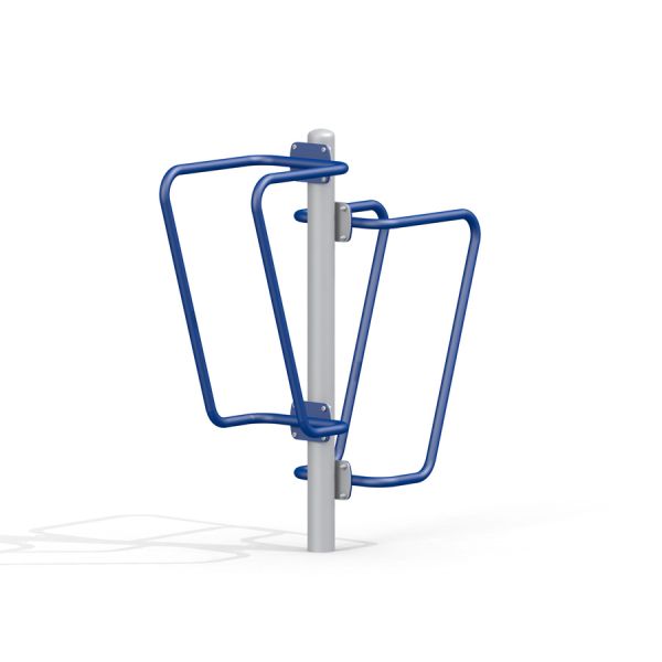 Leg Rise fitness equipment with blue bars and white post