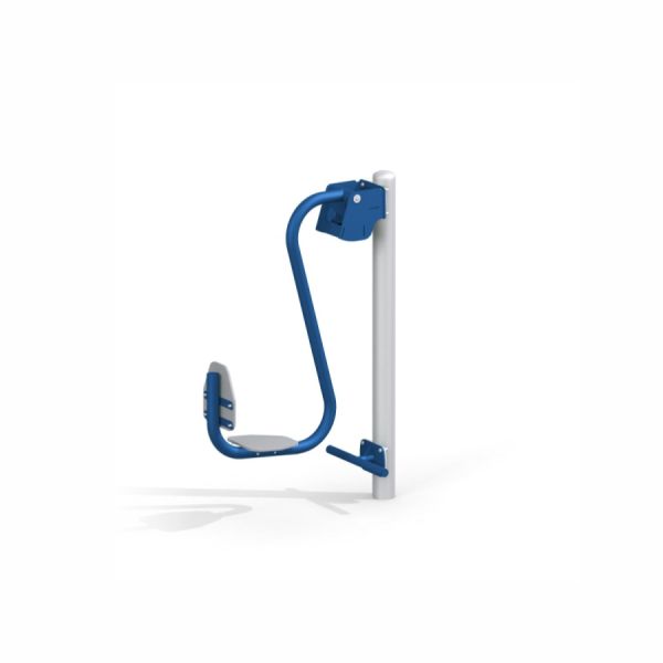 Outdoor leg press exercise machine with blue and white frame.