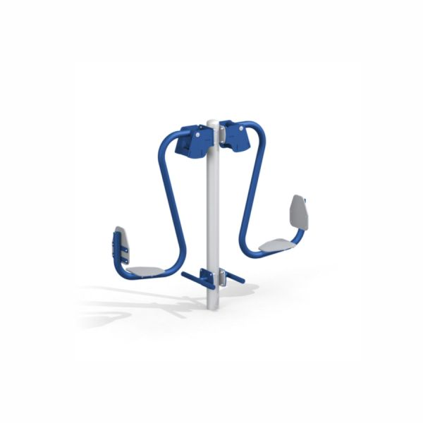 Outdoor fitness equipment Double Leg Press with blue and gray metal frame.