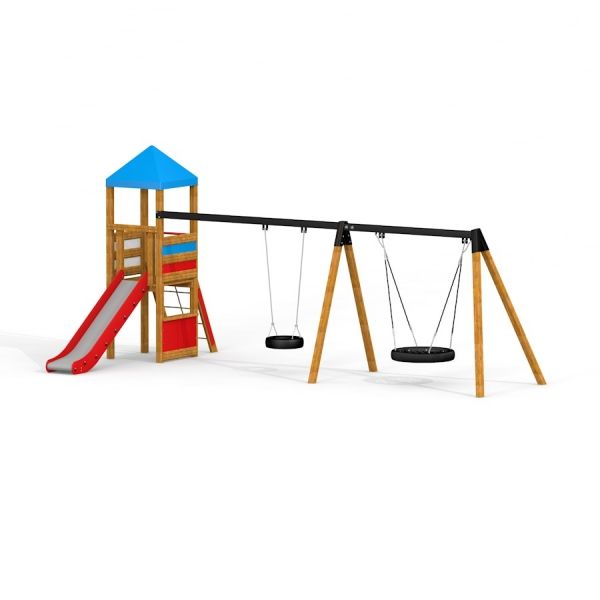 Bird Nest Swing with Tower (BNS 90 cm) playhouse with slide and two swings.